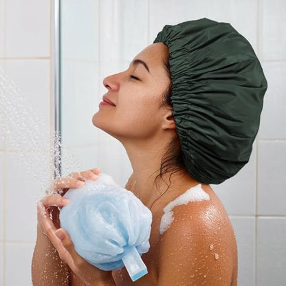 Reusable Shower Cap for Women, Large Waterproof Shower Essentials Bonnet Washable Elastic Band Bath Hair Wrap Hat for Long Hair, Braids(Dark Green)