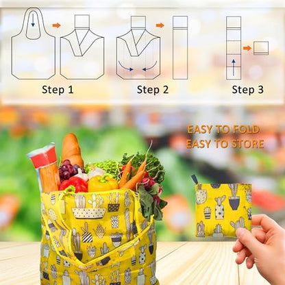 Reusable Foldable Shopping Bags, 4 Pack - Lightweight And Compact, Grocery Totes With Summer Patterns, Machine Washable And Durable, Ideal For Groceries, Travel, And Daily Use