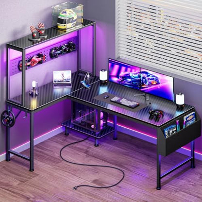 PRAISUN L Shaped Gaming Desk with LED Lights & Power Outlets