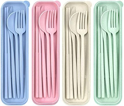 DISSKNIC 4 Sets Travel Utensils with Case, Cutlery Set Chopsticks Fork Spoon Knife with Case, Reusable Plastic Utensils Sets for Lunch Box Accessories,Portable Lunch Box Utensils Set for Daily Use