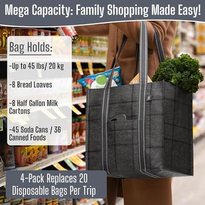 VENO 4 Pack Large Grocery Bag Reusable Shopping Bags with Hard Bottom