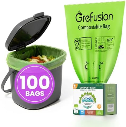 GreFusion 2.6 Gallon Compostable Trash Bags, 100 Count, Extra Thick 0.71 Mil, Certified by BPI and ASTM D6400, Perfect Fit for Small Trash Cans