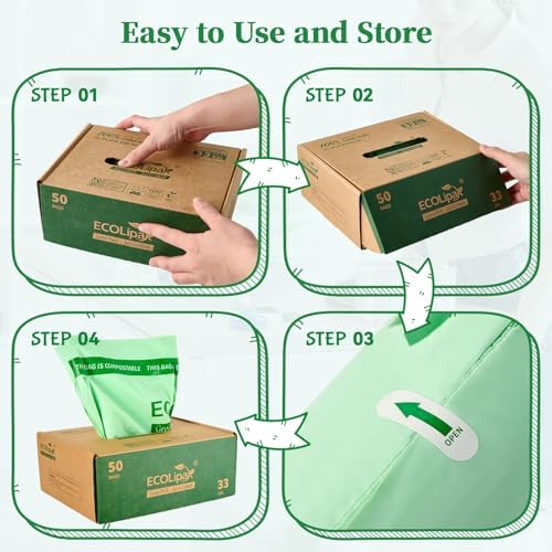 ECOLipak 33 Gallon 50 Count Large Compostable Trash Garbage Bags for Lawn