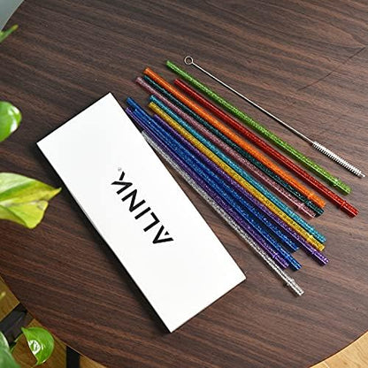 ALINK 12-Pack Reusable Plastic Glitter Straws, 11" Long Colorful Hard Plastic Tumbler Straws for 16 OZ 20 OZ 30 OZ Stanley, YETI, Mason Jar, Starbucks with Cleaning Brush