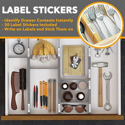 SpaceAid Bamboo Drawer Dividers with Inserts and Labels, Kitchen Adjustable Drawer Organizers, Expandable Organization for Home, Office, Dressers, 4 Dividers with 9 Inserts (17"-22" Gray)