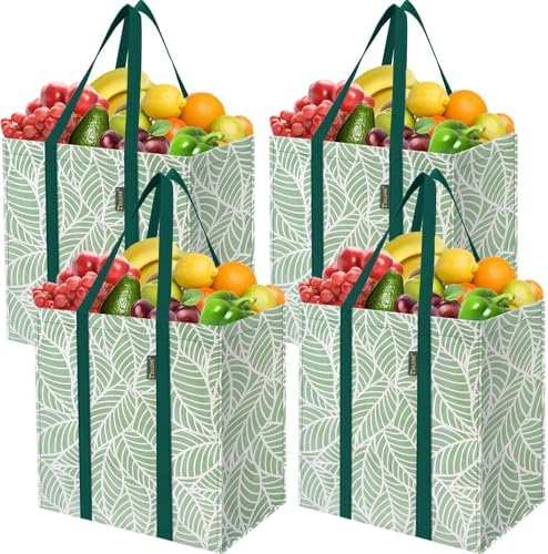 BALEINE 4 PK Grocery Bags Reusable Shopping Bags with Reinforced Bottom, Heavy Duty Foldable Tote Bags (Antique Folidage)