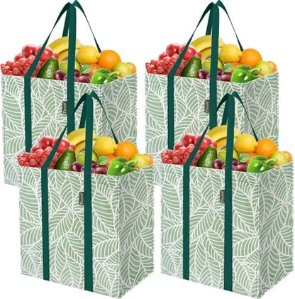 BALEINE 4 PK Grocery Bags Reusable Shopping Bags with Reinforced Bottom, Heavy Duty Foldable Tote Bags (Antique Folidage)