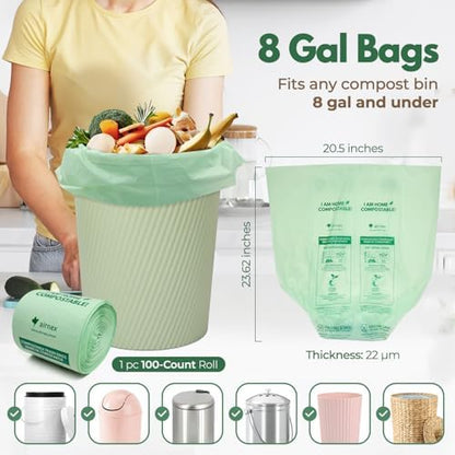 AIRNEX Compostable Kitchen Trash Bags 8 Gal - Cornstrarch Leakproof & Tear Resistant 50 Compost Bags - OK Compost Home & Seedling Certified 0.22 mm Kitchen Garbage Bags
