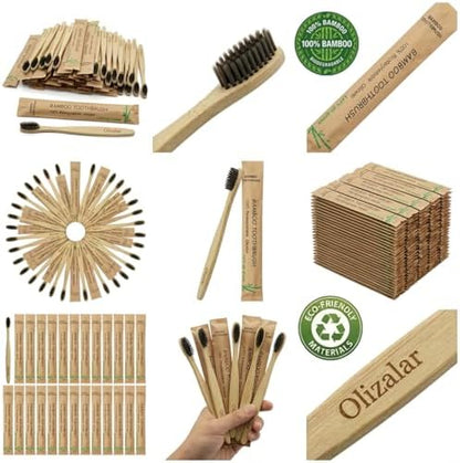100 Pack Bamboo Toothbrush for Adults, Medium Soft Charcoal Bristles, Eco Friendly Wooden Natural Toothbrushes, Biodegradable Handle Oral Care Toothbrush