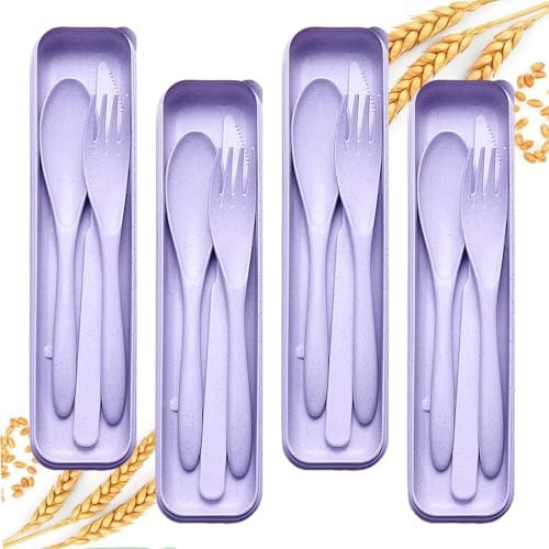 4‑Pack Travel Wheat Straw Utensils, BPA Free Fork Spoon Knife Storage Case