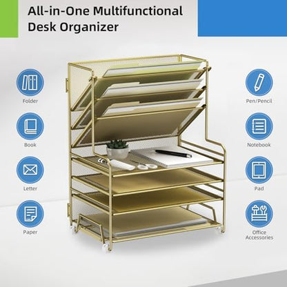 MINDEPOT 4-Tier Paper Organizer + 3-Pocket File Holder + Drawer + Pen Holders, Desktop File Organizers Paper Tray for Office Supplies School Classroom Organization (Gold, no Drawer & Pen Holder)