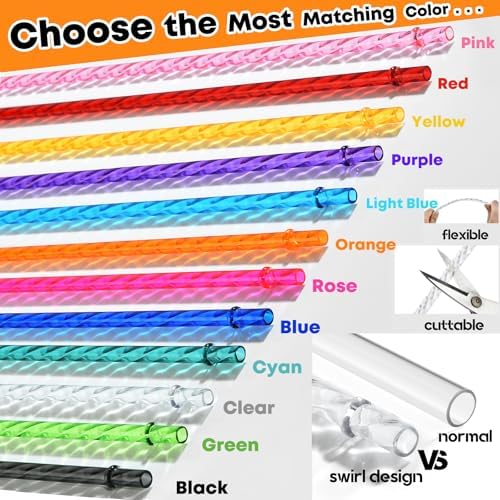 ALINK 12-Pack Reusable Plastic Clear Swirl Straws, 11" Long Hard Tumbler Replacement Drinking Straws for 16 OZ 20 OZ 30 OZ Stanley, YETI, Starbucks Tumblers with Cleaning Brush