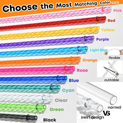 ALINK 12-Pack Reusable Plastic Clear Swirl Straws, 11" Long Hard Tumbler Replacement Drinking Straws for 16 OZ 20 OZ 30 OZ Stanley, YETI, Starbucks Tumblers with Cleaning Brush