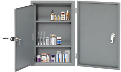 Yeeoy Wall Mounted Medicine Cabinet with Lock & Double Door, Locking Narcotics Safe, Secure Steel Drug Cabinet Steel First Aid Medical Lock Box for Home School Office