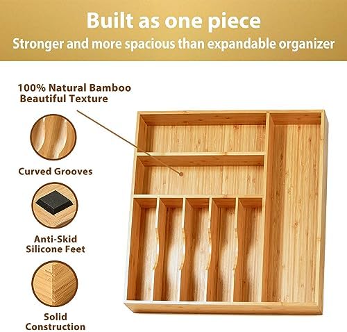 Umilife Large Kitchen Drawer Organizer, 19"x19" Silverware Utensils Organizer, 2.5" High for Large Deep Drawers, Bamboo Flatware Holder with Thick Frames, Sturdy Kitchen Organization Tray