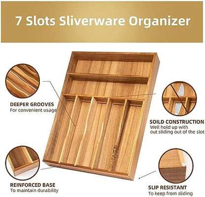 Besilord Silverware Organizer Kitchen Drawer Organizer Utensil Organizer Acacia Silverware Holder Cutlery Organizer in Drawer Flatware Organizer Tray(7 slots, Acacia