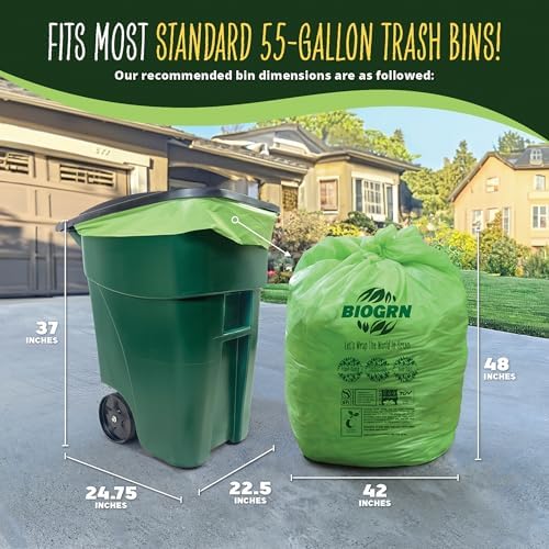 50-55 Gallon Compostable Trash Bags, 12 Count, 1.57 Mil Heavy Duty Flat Top Large Trash Bags for Lawn, Leaf, Yard Waste & Outdoor Garden Cleanup, ASTM D6400 BPI & OK Compost HOME Certified
