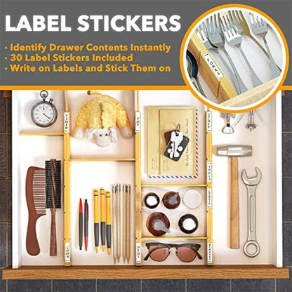 SpaceAid Bamboo Drawer Dividers with Inserts and Labels, Kitchen Adjustable Drawer Organizers, Expandable Organization for Home, Office, Dressers, 4 Dividers with 9 Inserts (17"-22" Natural)