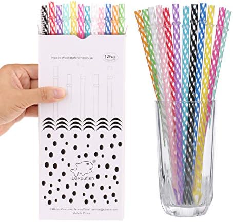 Dakoufish 12 Piece 8 Inch Reusable Plastic Thick Drinking Straws BPA Free Mason Jar Straws Transparent Small Stripe (8inch, Mix 12color)