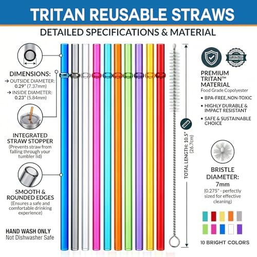 ALINK 10.5" Plastic Reusable Straws, 10 Pack Colorful Tritan Tumbler Straws