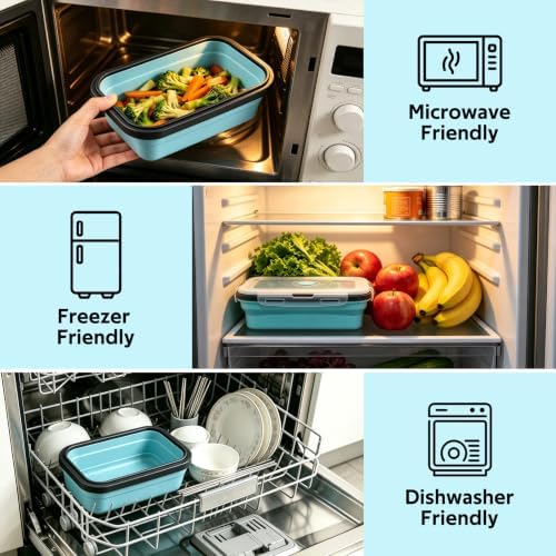 Decorwell 4 Collapsible Food Storage Containers, 12/17/27/40 oz Food-Grade Silicone Set, Leakproof Food Containers for Kitchen Office Camping Picnic, Blue
