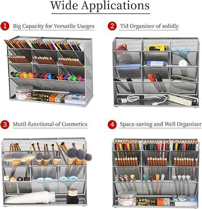Marbrasse Mesh Desk Organizer, Multi-Functional Pen Holder, Desktop Stationary Organizer, Storage Rack for School, Home, Office, Art Supplies (Mesh Pen Holder-Silver)