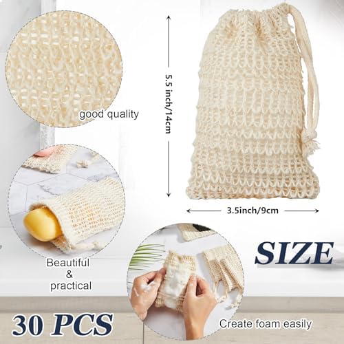 Umigy 60 Pcs Soap Bag Holder Kit, Sisal Mesh Bamboo Tray, Beige, Charcoal