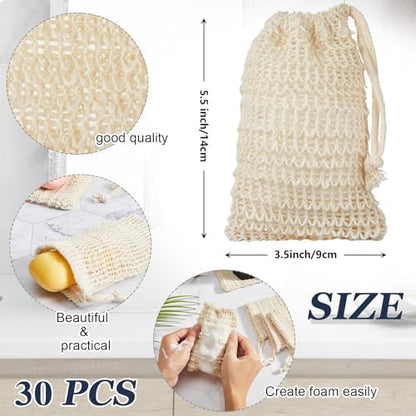 Umigy 60 Pcs Soap Bag Holder Kit, Sisal Mesh Bamboo Tray, Beige, Charcoal