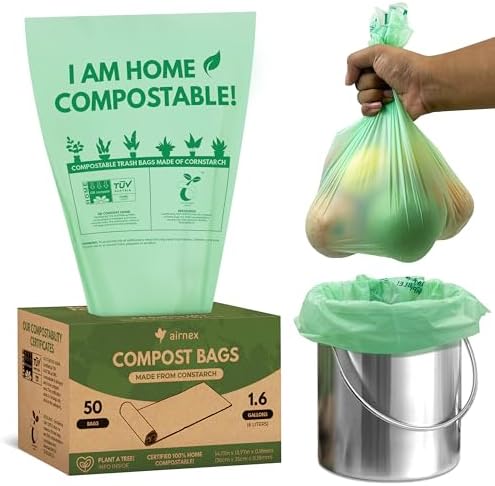 AIRNEX Small Compost Bags 1.6 Gal - 50 Compostable Kitchen Trash Bags for Countertop Bin - Cornstarch Leakproof & Tear-Resistant - OK Compost Home & Seedling Certified 0.18 mm Kitchen Garbage Bags