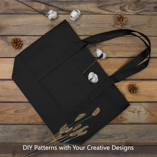 TOPDesign 1-Pack Canvas Tote Bag with an External Pocket, Reusable Grocery Shopping Bag, Top Zipper Closure, Daily Essentials (Black)