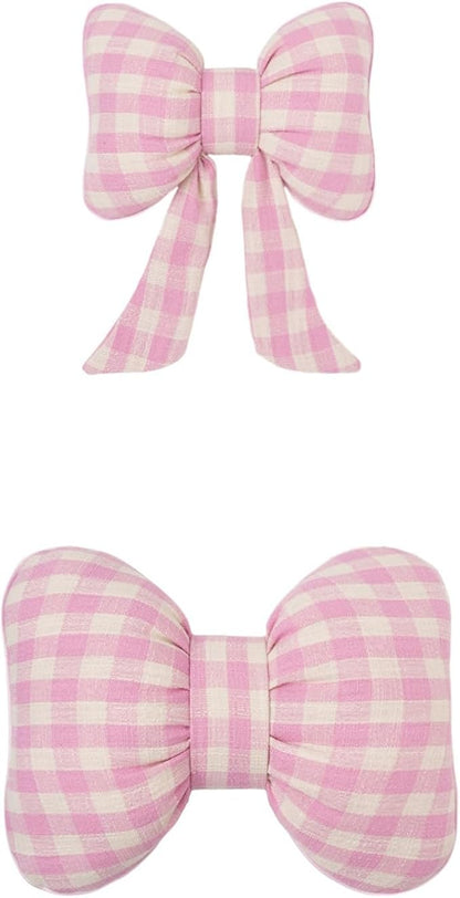Car Accessories Plaid Bow Headrest Lumbar Pillow 4PCs Set Cotton Linen Elegant Soft Car Seat Cushions for Daily Commuting Trave (Pink Plaid,headrest+Lumbar Pillow 2pcs)