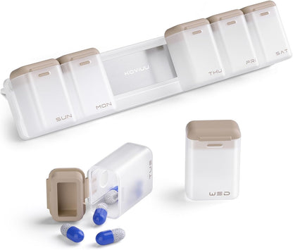Weekly Pill Organizer Magnetic, Removable Pill Box 7 Day 1 Time a Day, Large Pill Case Travel, Week Once Daily Medication Dispenser, Medicine Container Holder for Supplement Vitamin, Brown