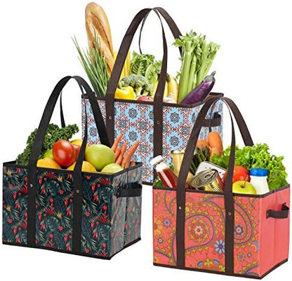 Foraineam Reusable Grocery Bags Set Durable Heavy Duty Tote Bag Collapsible Grocery Shopping Box Bag with Reinforced Bottom
