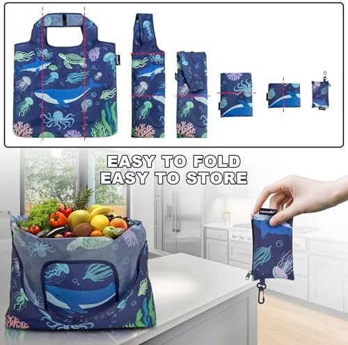 HOLYLUCK Reusable Grocery Bags,Heavy Duty Foldable Shopping Tote Bag (Standard, 3 Ocean Life)