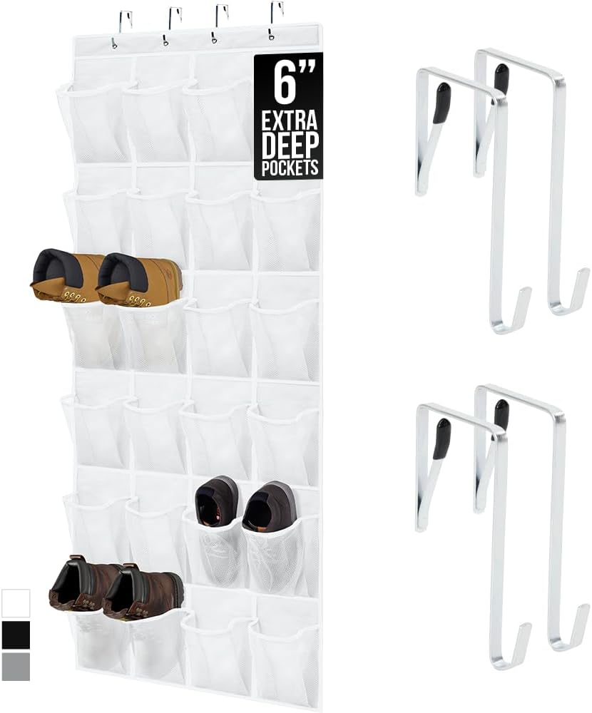 GORILLA GRIP Over the Door Shoe Organizer, 24 Extra Large Breathable Mesh Pockets, Space Saving Hanging Storage Holder, 4 Hook Closet Rack Hanger, Hangs on Closets for Shoes and Accessories, White