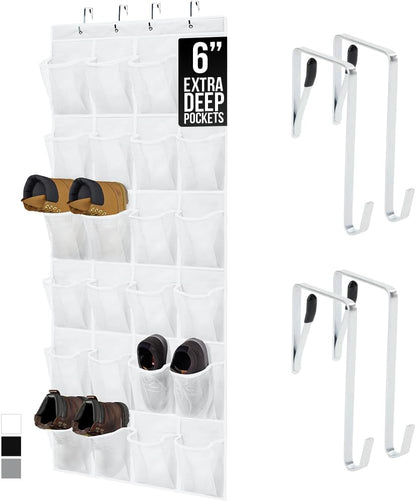 GORILLA GRIP Over the Door Shoe Organizer, 24 Extra Large Breathable Mesh Pockets, Space Saving Hanging Storage Holder, 4 Hook Closet Rack Hanger, Hangs on Closets for Shoes and Accessories, White