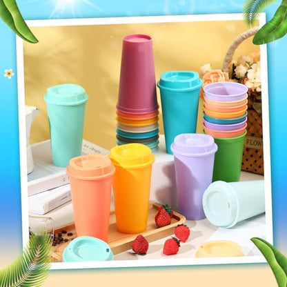 Honeydak 45 Pack 16 oz Reusable Coffee Cups with Lids Water Bottle Iced Coffee Travel Mug Reusable Portable Plastic Tea Tumblers Bulk for Hot and Cold Drinks Birthdays Party(Classic,Macaron Color)