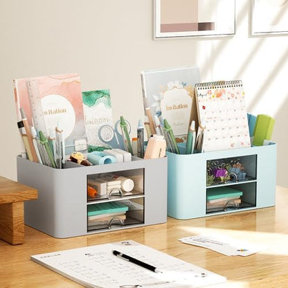 Marbrasse Pen Organizer with 2 Drawer, Multi-Functional Pencil Holder for Desk, Desk Organizers and Accessories with 5 Compartments + Drawer for Office Art Supplies (Grey)