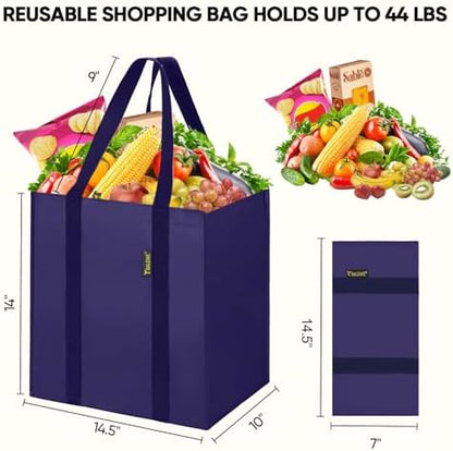 BALEINE 4 PK Grocery Bags Reusable Shopping Bags with Reinforced Bottom, Heavy Duty Foldable Tote Bags (Navy Blue)