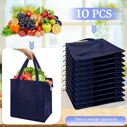 10 Pack 10 Pack Large Insulated Grocery Bag Zippered, Navy Blue