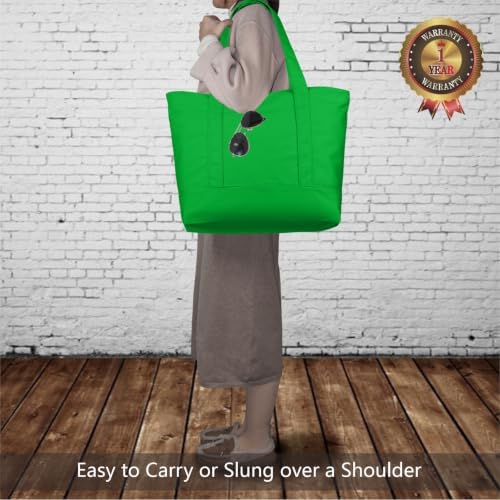 TOPDesign 1-Pack Canvas Tote Bag with an External Pocket, Reusable Grocery Shopping Bag, Top Zipper Closure, Daily Essentials (Lime Green)