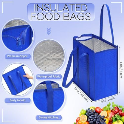 10 Pack 10 Pack Large Insulated Grocery Bag Zippered, Green, Blue