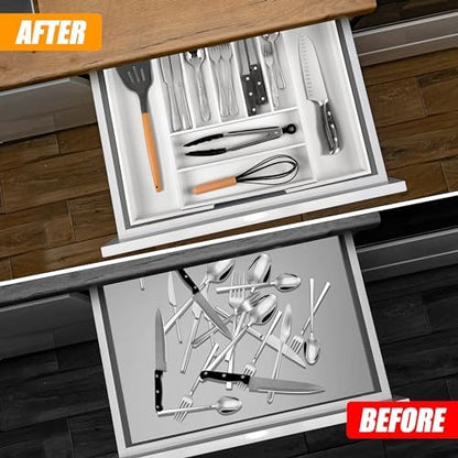 Bellsal Large Premium Bamboo Silverware Organizer - Expandable Utensil Drawer Organizer - 17"x19.6" Utensil Holder and Cutlery Tray with Grooved for Kitchen Flatware and Utensils(7-9 Slot, White)
