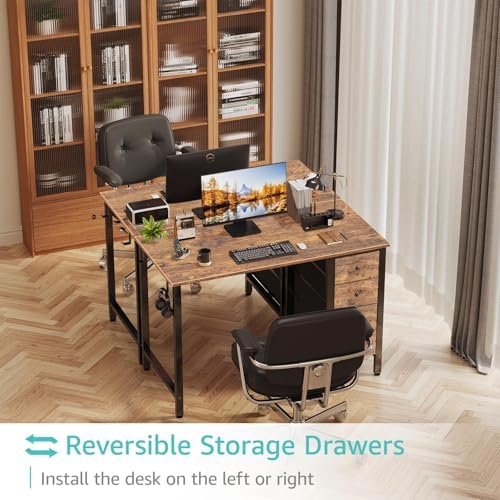 Lufeiya 40 inch Computer Desk with 4 Fabric Drawers, Kids Student Reversible Small Desks for Home Office Small Space, Work PC Desk Table for Bedroom, Rustic Brown