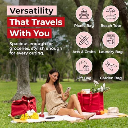 VeraMia Canvas Grocery Bag 3pc XL Set with Real Pockets, Long Shoulder Strap and Short Handle. Heavy Duty, Foldable, Washable