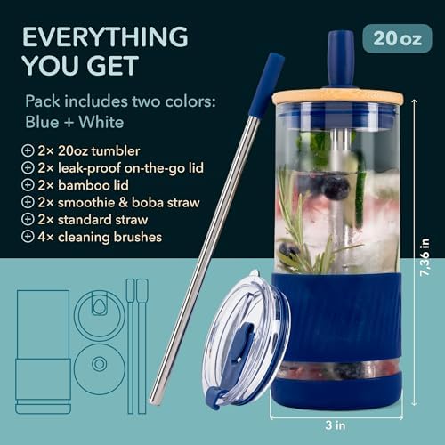 Pandaloo® Glass Cups With Lids and Straws -20 Fl Oz- Perfect Size Iced Coffee Cup - Smoothie Cup With Bamboo Lid and On the go Lid - Glass Tumbler (2 Count (Pack of 1), Galactic Blue-Coton White)