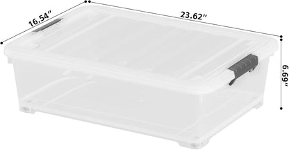 30 L Wheeled Latch Box, Clear Underbed Storage Bin with Lid, Black Latch, 4 Count