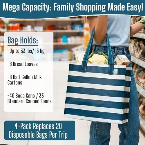 VENO 4 Pack Large Grocery Bag Reusable Shopping Bags with Hard Bottom