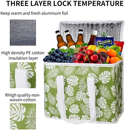 musbus 2-Pack extra Insulated Grocery shopping bag, large Green leaf, kitchen foldable reusable bags groceries,Sturdy zipper,Collapsible,tote,cooler,for transport women,Durable carrier