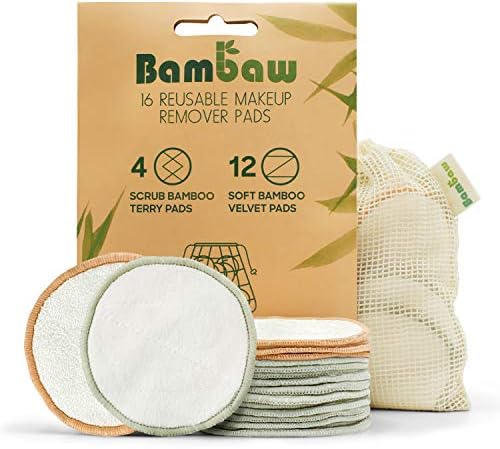 Bambaw Reusable Cotton Rounds for Face, 16 Rounds with 1 Bag for Laundry & Storage, Reusable Cotton Pads for Face, Soft & Exfoliating Eye Makeup Remover Pads